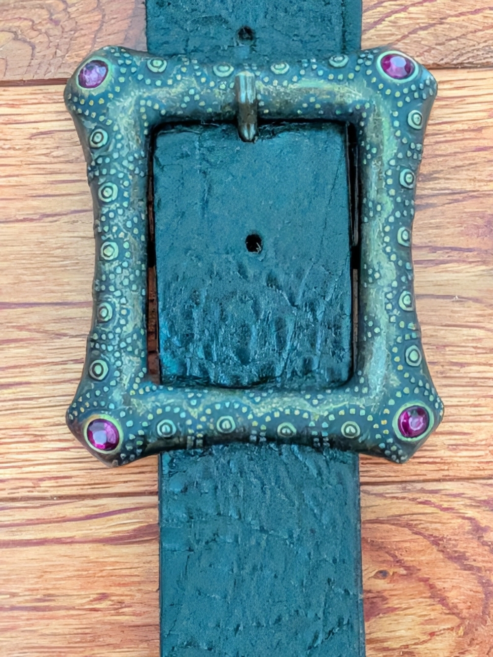Tristan Green Metal Belt Buckle with Pink Gem Accents